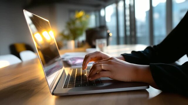 Faceless silhouette of a person typing on a laptop in a bright coworking space, background softly defocused, minimalist interior, with copy space