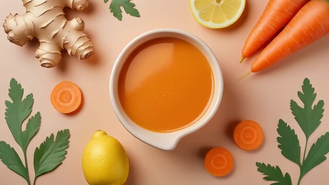 Vibrant Elixir: An inviting image showcases a bowl of fresh, orange juice surrounded by carrots, lemons, and ginger, embodying the essence of healthy refreshment.