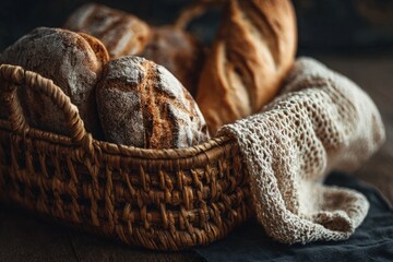 Rustic bread loaves and baguettes rest in woven basket, soft knitted cloth draped over side.