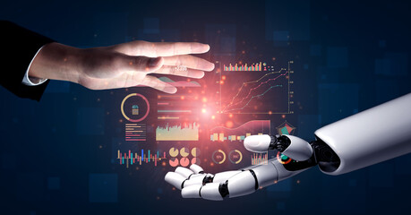 This image captures the essence of human and robot collaboration, illustrating a hand reaching out to a robotic arm amidst a backdrop of digital data visualizations. Impute