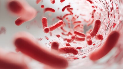 A red and white image of bacteria in a blood vessel