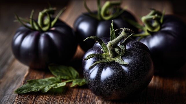 Four black tomatoes are sitting on a wooden table