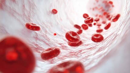 A close up of red blood cells in a blood vessel