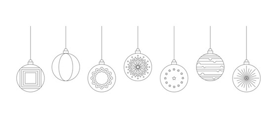 Modern black line Christmas ornament icon set featuring decorative holiday baubles with geometric and artistic patterns for clean minimalist seasonal vector illustrations