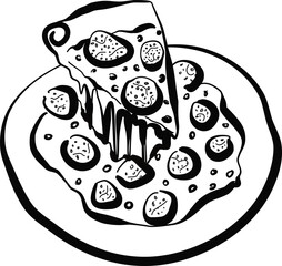 Pizza with pepperoni and cheese icon isolated. Italian food vector doodle illustration. 
