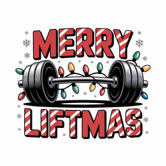 Naklejka premium A barbell is adorned with colorful Christmas lights . The words 'Merry Liftmas' are featured prominently in festive red and white.