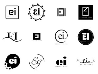 EI logo company template. Letter e and i logotype. Set different classic serif lettering and modern bold text with design elements. Initial font typography.
