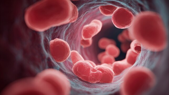 A close up of red blood cells in a blood vessel
