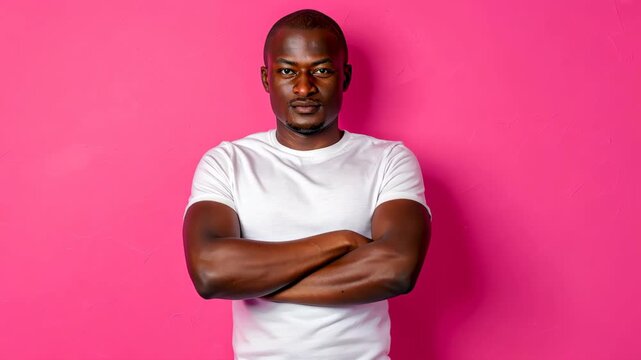 Determined Expression: A confident individual stands poised against a vibrant pink backdrop, exuding strength and resolve with arms crossed.