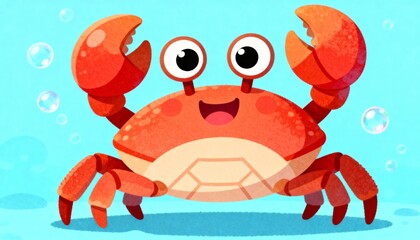 Digital cartoon illustration of a cheerful red crab on a bright blue background with water bubbles around, perfect for children&rsquo;s books, educational materials, summer designs, marine-themed graphics