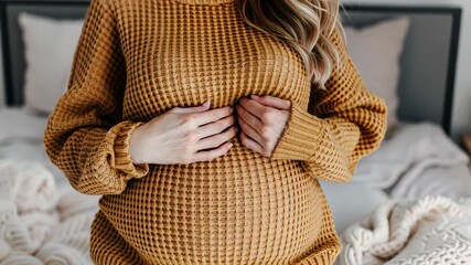 Embracing Motherhood: A pregnant woman tenderly cradles her baby bump, embodying the serene beauty and anticipation of impending motherhood, creating a timeless image of the miracle of life.