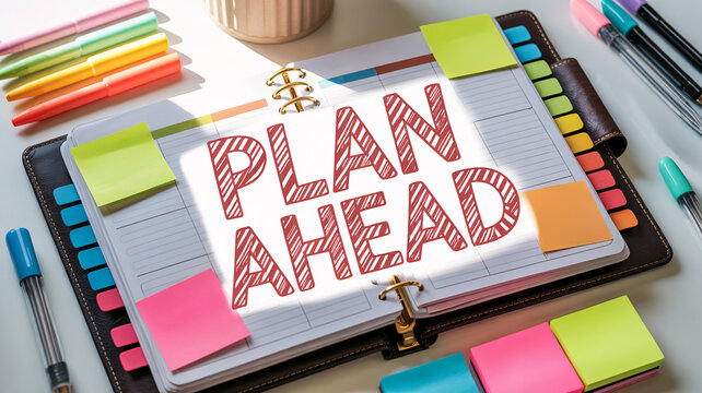 &ldquo;PLAN AHEAD&rdquo; text on planner notebook surrounded by colorful pens and sticky notes
