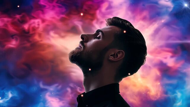Contemplative Journey: Silhouette of a man gazing upward in front of a mesmerizing cosmic nebula. Exploring themes of wonder, introspection, and boundless possibilities.