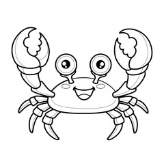 Black and white digital illustration of a smiling cartoon crab with bold outlines, designed as a printable worksheet and coloring page. Perfect for children&rsquo;s educational materials, activity books