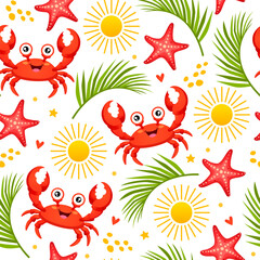 Vector cartoon tropical summer seamless pattern with exotic leaves, smiling crab characters, glowing sun, sea stars, and decorative elements isolated on a white background. 