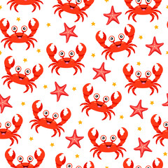 Vector seamless pattern featuring cute cartoon crab characters, starfish, and decorative star shapes on a white background. Perfect for children's designs, nursery decor, summer-themed projects, etc.