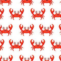 Vector seamless pattern featuring cute cartoon crab characters, arranged in a grid pattern isolated on a white background. Perfect for children's designs, nursery decor, summer-themed projects, etc.