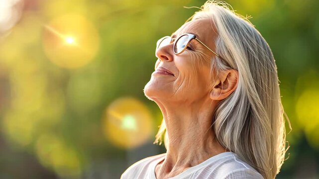Serene Joy: Portrait of an older woman enjoying the sun's warm embrace, epitomizing inner peace and a contented mindset.