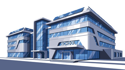 Modern school building with sleek design, featuring large glass windows and solar panels
