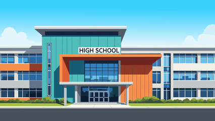 Illustration of a modern high school building with a flat roof