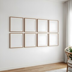 Fototapeta premium Eight empty wooden picture frames mounted on a white wall with a chair and curtains in the background