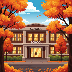 School building illustration. The scene is set during autumn.