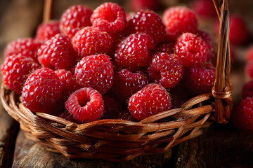 Freshly picked raspberries in a woven basket resting on a rustic wooden surface