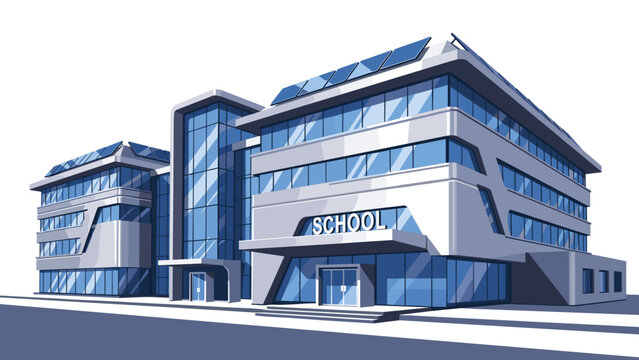 Modern school building with sleek design, featuring large glass windows and solar panels