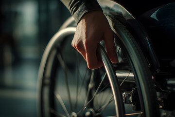 Person using a wheelchair in a vibrant urban setting during sunset