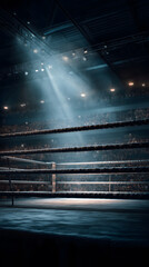 Un ring de boxe &eacute;clair&eacute; dans une salle pleine de spectateurs le soir.