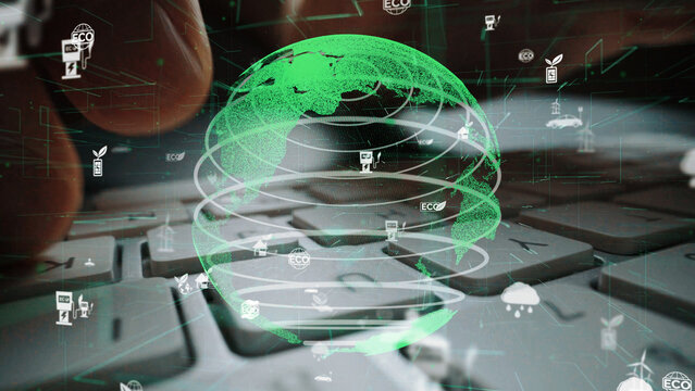 A visual representation of digital earth concepts intertwined with eco-friendly symbols, set against a keyboard backdrop to highlight the intersection of technology and sustainability. Xenic