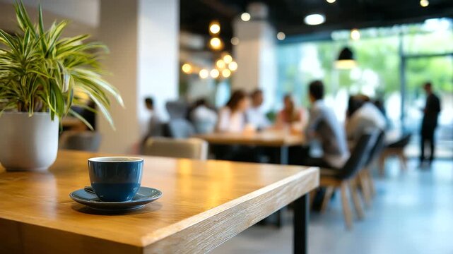 Defocused coworking café zone with faceless figures chatting, focus on table textures and soft ambient light, with copy space