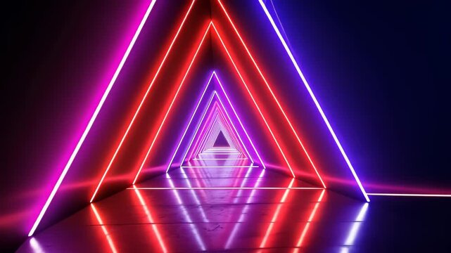 Neon Triangle Tunnel: A mesmerizing tunnel of vibrant neon lights forms triangular paths, casting colorful reflections on the glossy floor, evoking a sense of futuristic abstraction.
