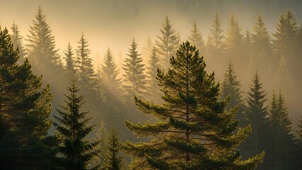 Golden rays of sunlight pierce through a thick morning mist, illuminating a majestic coniferous forest and creating a breathtaking, ethereal landscape of towering pine trees