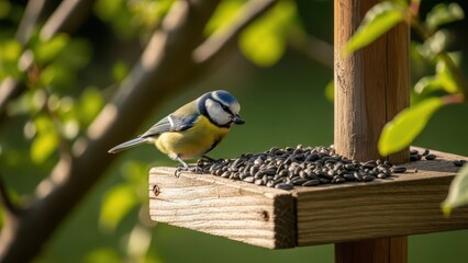 Blue tit bird feeding on sunflower seeds in garden nature photography bright environment close-up view