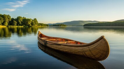 Canoeing adventure on serene lake nature landscape early morning peaceful viewpoint tranquility concept
