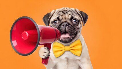 Exciting pug using megaphone to announce fun news studio environment pet photography vibrant colors
