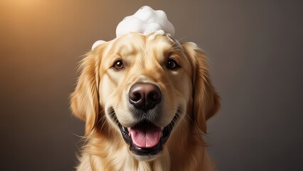 Happy golden retriever dog with foam indoor studio portrait photography natural light cute concept