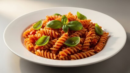 Delicious pasta dish with fresh basil kitchen setting food photography bright environment close-up culinary delight
