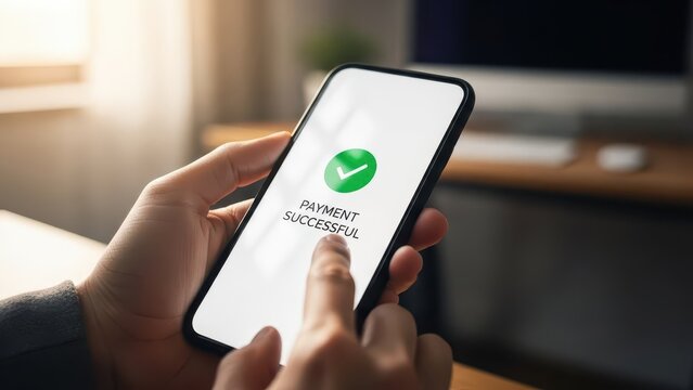 Online payment confirmation digital transaction mobile device home office close-up view financial technology - Powered by Adobe