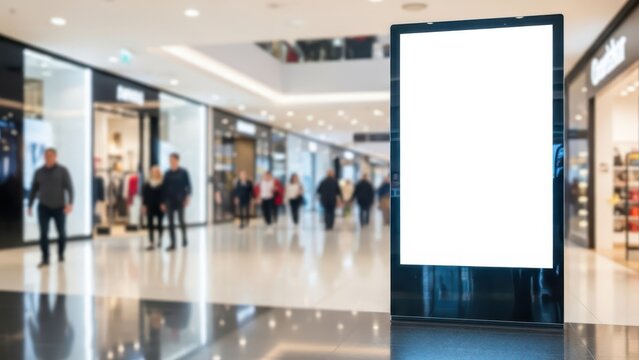 Digital advertising display shopping mall marketing content retail environment wide angle view consumer engagement