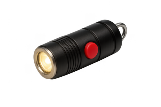 Black led flashlight illuminating with keychain attachment
