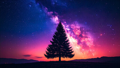 Christmas tree silhouette against deep night sky