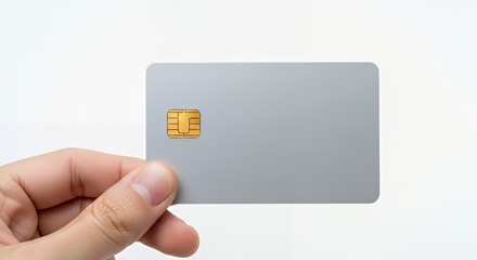 Hand Holding Silver Credit Card with Gold Chip on White Background
