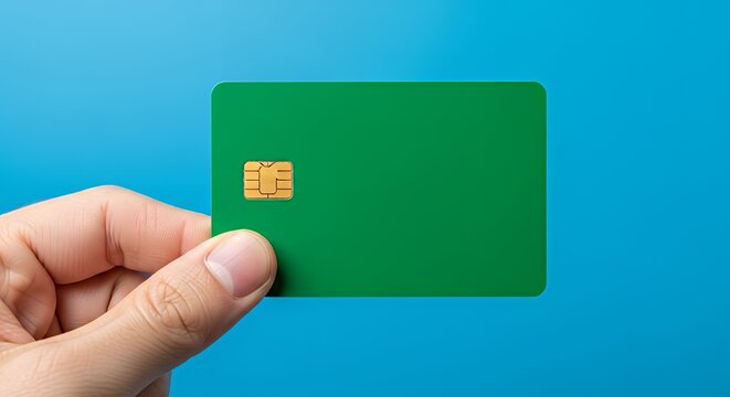 Hand Holding Green Credit Card with Gold Chip on Blue Background