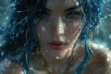 A close-up portrait of a woman with striking blue hair and red lips, partially obscured by water droplets. Soft lighting creates a dreamy, textural effect, emphasizing skin details.
