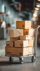 Des cartons sur un chariot dans un entrep&ocirc;t logistique.