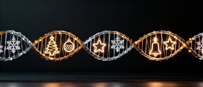 Decorative holiday lights shaped like DNA strands, featuring festive symbols such as snowflakes, Christmas trees, and bells, creating a unique seasonal ambiance for celebrations