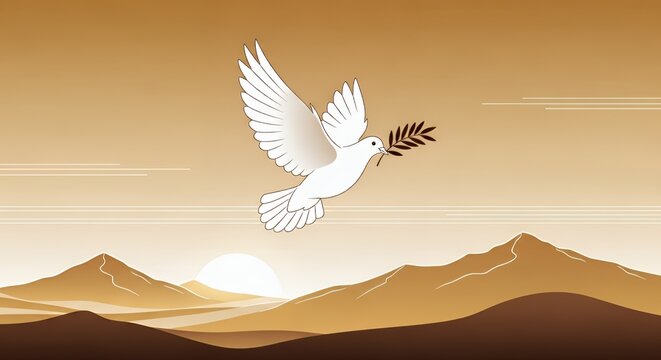 White Dove Flying Over Mountain Landscape at Sunrise with Olive Branch in Beak