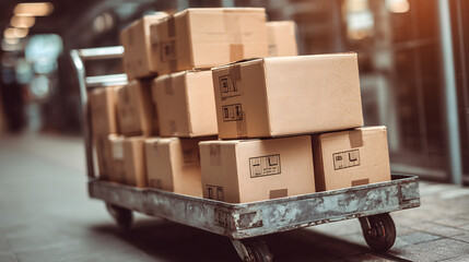 Chariot rempli de cartons dans une zone de livraison.